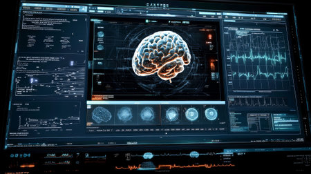 Futuristic Brain Scan Interface with AI Neural Network Visualization on High-Tech Medical Display....