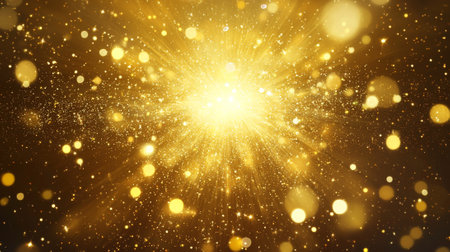 Abstract background with bright golden bursts and sparkling particles. Concept of festive glow, New Year magic, mystical illumination, luxury, and elegance. Abstract background.の写真素材