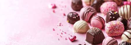 Assorted chocolate candy on pink background for valentine's day celebration. concept of sweet romance, luxurious treats, indulgence. Banner. Copy space.の写真素材