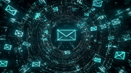 Futuristic digital email communication network with glowing envelope icons. Concept of...