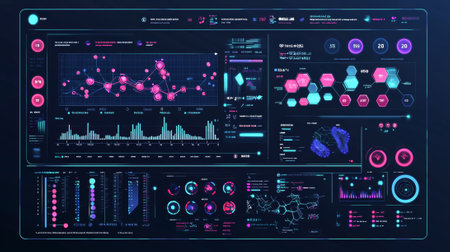 Futuristic Digital Data Analytics Dashboard with Neon UI Elements and Interactive Infographics. Big...
