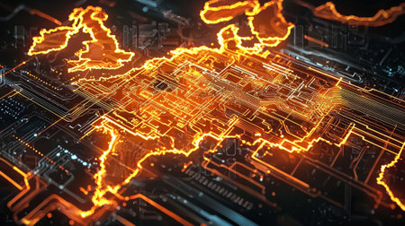 Glowing digital circuit board map with futuristic design. Concept of global connectivity, cyber technology, artificial intelligence, network security, innovation. digital tech background.の写真素材