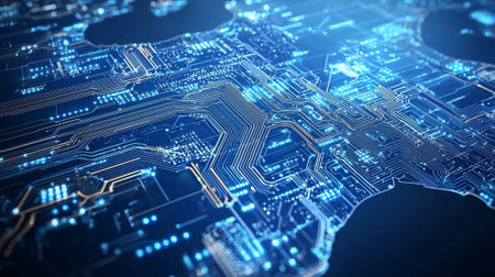 Futuristic digital circuit board map. concept of technology integration, innovation, tech...