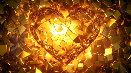 Golden heart made of shattered metallic pieces glowing with warm light. Concept of love, luxury, broken heart, resilience, passion, romance, precious emotions.の写真素材