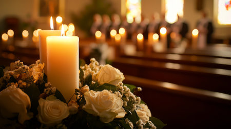 Tranquil church interior with flower decorated altar and candlelit ambiance. concept of sacred...