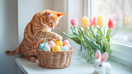Playful orange tabby cat pawing at easter egg basket by tulips. concept of curiosity, spring...