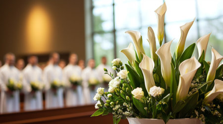 Diverse church choir singing joyfully during easter service with floral decor. concept of spiritual celebration, unity, worship, cultural diversity.の写真素材