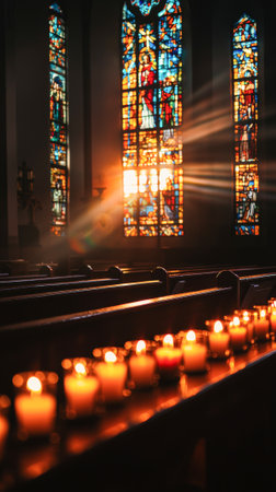 Peaceful church interior with glowing candles and sunlit stained glass windows. concept of spiritual...