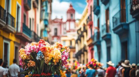 Vibrant semana santa procession with colorful flowers on a sunny street. concept of cultural celebration, community gathering, urban parade. Copy space.の写真素材