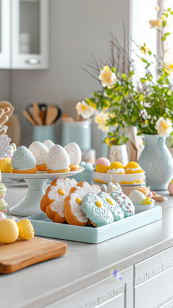 Colorful easter tray with sugar cookies and iced egg treats in bright kitchen. concept of festive...