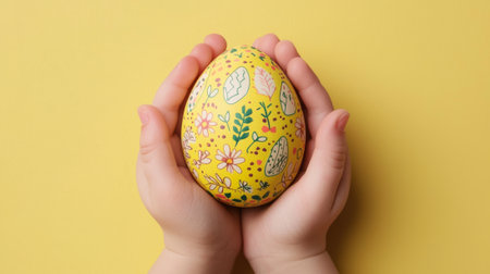 Young caucasian child holding intricately decorated easter egg, emphasizing concepts of festive...