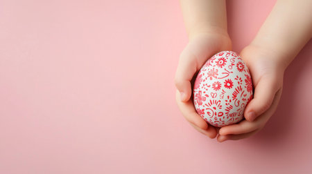 Young caucasian child holding intricately decorated easter egg, emphasizing concepts of festive creativity, holiday traditions, joyful celebration, kid s hands. Copy space.の写真素材