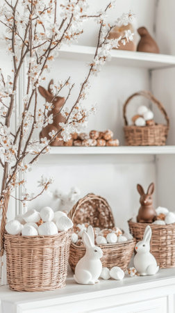 Bright and clean display of easter decor with rattan baskets and cute bunny figures. concept of spring celebration, festive decoration, easter traditions. Vertical.の写真素材