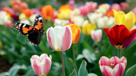 Close up of butterfly landing on blooming tulip in vibrant garden. concept of nature's beauty, floral harmony, spring awakening.の写真素材