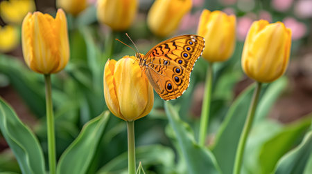 Vibrant butterfly perched on blooming tulip in lush spring garden. concept of nature's beauty, delicate wildlife, floral serenity.の写真素材