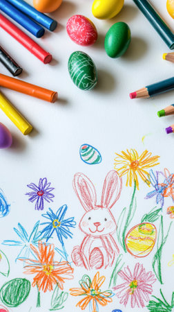 Close-up of child's colorful crayon drawing with bunny and flowers on white paper. concept of...