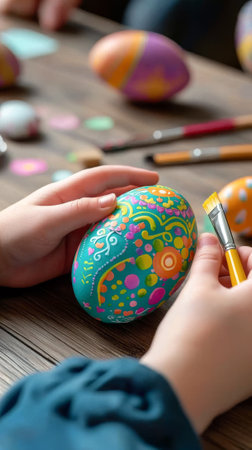 Close-up of caucasian child's hands decorating colorful easter egg. concept of creativity, easter celebration, art, kid's fun. Vertical.の写真素材