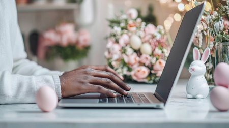 African american man typing on laptop surrounded by easter eggs and bunny decor. concept of spring...