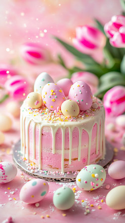 Close-up of easter cake with icing and decorations. concept of festive desserts, spring celebration, holiday baking. Vertical.の写真素材
