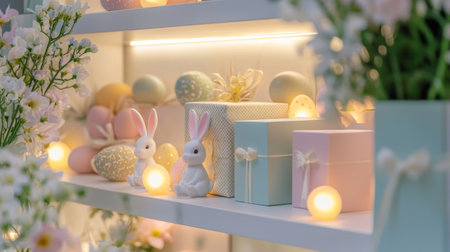 Elegant easter shelf decoration with bunny figurines and pastel eggs highlighting spring festivities...