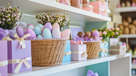 Vibrant easter shop display with colorful eggs and gift boxes. concept of festive decoration, spring celebration, holiday atmosphere, store.の写真素材