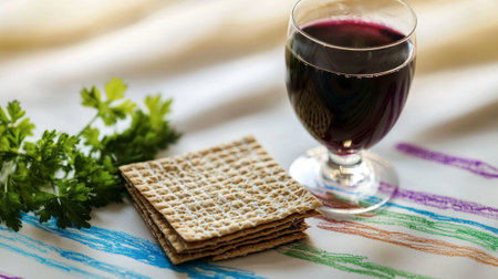 Traditional Passover Seder Table with Matzah, Red Wine, and Fresh Parsley. Concept of Pesach Celebration, Jewish Holiday, Religious Tradition, Symbolic Food, Festive Meal.の写真素材