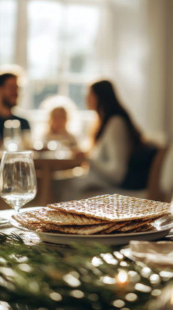 Family celebrating passover in bright modern living room. concept of tradition, togetherness, jewish culture, festive meal. Vertical.の写真素材