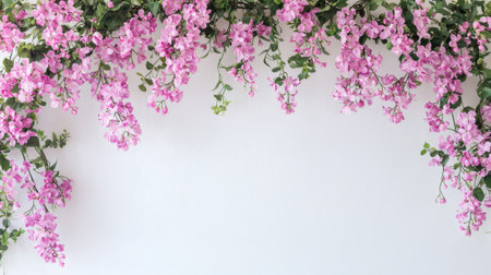 Hanging lilac flowers forming floral frame on white background. Concept of botanical decoration, spring nature, elegant floral design, wedding backdrop, romantic garden ambiance. Copy space.の写真素材