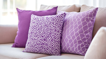 Elegant purple decorative pillows and cozy blanket on sofa. concept of home decor, comfort, interior design, relaxing living space.の写真素材