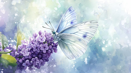 Delicate butterfly on lilac flowers watercolor illustration. concept of nature's beauty, delicate tranquility, peaceful environment, serene artistry. Spring flowers.の写真素材