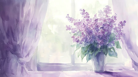 Elegant lilac bouquet in vase by a sunlit window. concept of tranquility, home decor, botanical art, watercolor charm. Spring flowers.の写真素材