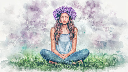 Tranquil young woman meditating in nature with lilac flower crown. concept of inner peace, relaxation, nature connection, serenity. Spring flowers.の写真素材