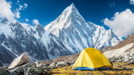 Bright yellow tent in majestic mountain landscape. concept of adventure travel, outdoor exploration, scenic camping, nature enjoyment, hiking, mountain adventures, tourism.の写真素材