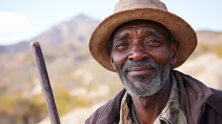 Elderly African American man traveling with wooden walking stick, wearing rustic hat in scenic rural...