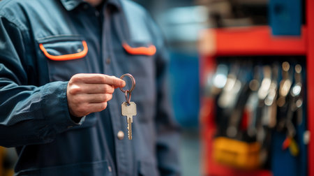 Skilled locksmith holding finished key for inspection in workshop. concept of precision craftsmanship, security solutions, professional tools. Copy space.の写真素材