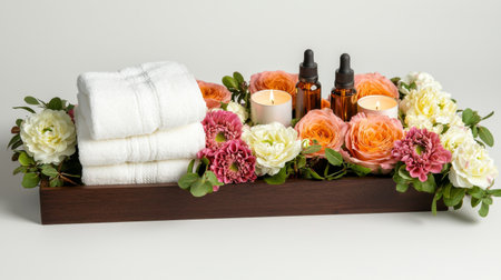 Luxurious spa setup with stacked towels, essential oils, and floral arrangement. concept of relaxation, aromatherapy, pampering, serenity.の写真素材
