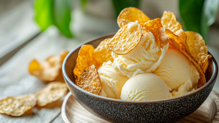 Creamy ice cream scoops with crunchy potato chips in a rustic bowl.