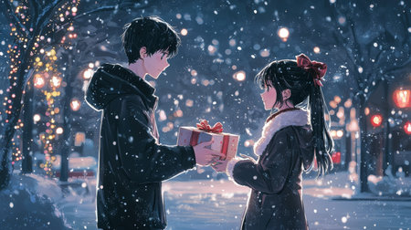 Romantic anime illustration of a young couple exchanging a Christmas gift on a snowy winter night. Concept of love, holiday romance, festive season, heartfelt emotions, cozy atmosphere.の写真素材