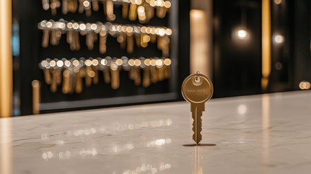 Single shiny key standing on clean countertop in modern workshop with blurred background. Concept of security, access, key duplication, professional hardware. Copy space.の写真素材