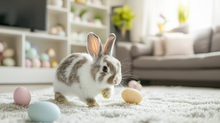 Cute rabbit hopping on white carpet with colorful easter eggs. concept of Easter bunny , playful...