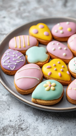 Close-up of colorful iced easter cookies on plate. concept of festive baking, holiday celebration,...