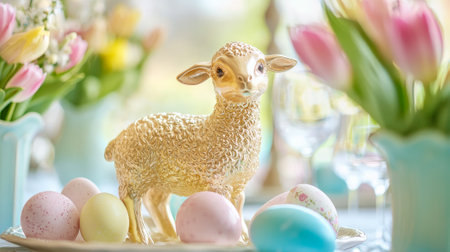 Close-up of golden easter lamb on traditional table with beautiful spring tulips and colorful eggs....
