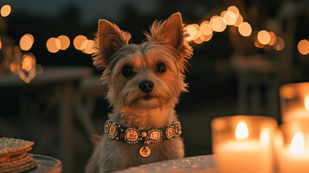 Cute dog wearing decorative scarf at passover pesach celebration table. concept of festive pet apparel, cultural traditions, holiday gatherings.の写真素材