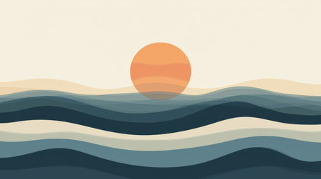 Minimalist flat abstract background with sun over waves. concept of tranquility, simplicity, modern design.の写真素材
