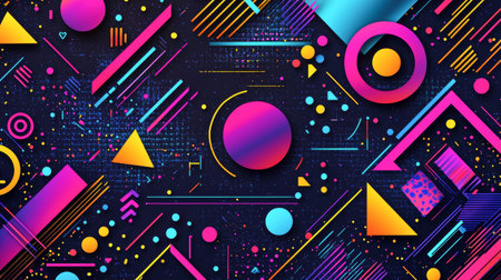 Colorful abstract background inspired by retro futurism with geometric shapes and vibrant neon...