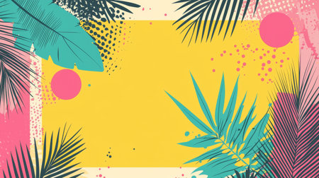 Tropical summer background with vibrant palm leaves, abstract shapes, and a bright yellow space for...