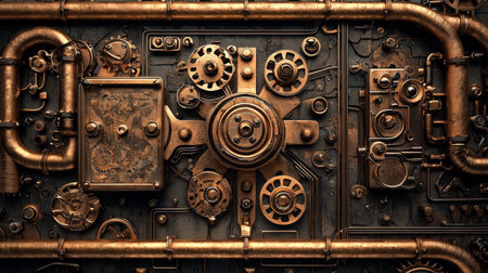 Intricate steampunk abstract background featuring gears, pipes, and industrial elements. concept of retro futurism, mechanical art, and vintage technology.の写真素材