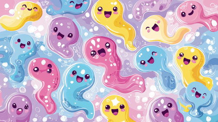 Colorful abstract chibi inspired background with kawaii style. concept of cute characters, playful art, childlike fantasy.の写真素材