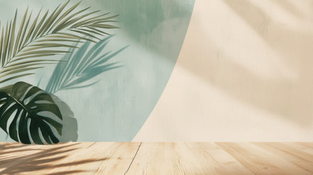 Minimalist tropical background with palm leaf shadows on textured wall and wooden surface. Concept of summer, nature, relaxation, aesthetic design, organic decor, sunlight, modern interior. Copy space.の写真素材