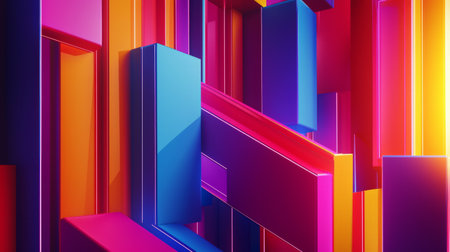 Abstract geometric background with colorful glossy rectangular shapes in vibrant neon tones of red, blue, and orange. Concept of futuristic design, modern architecture, digital aesthetics, and minimalism.の写真素材